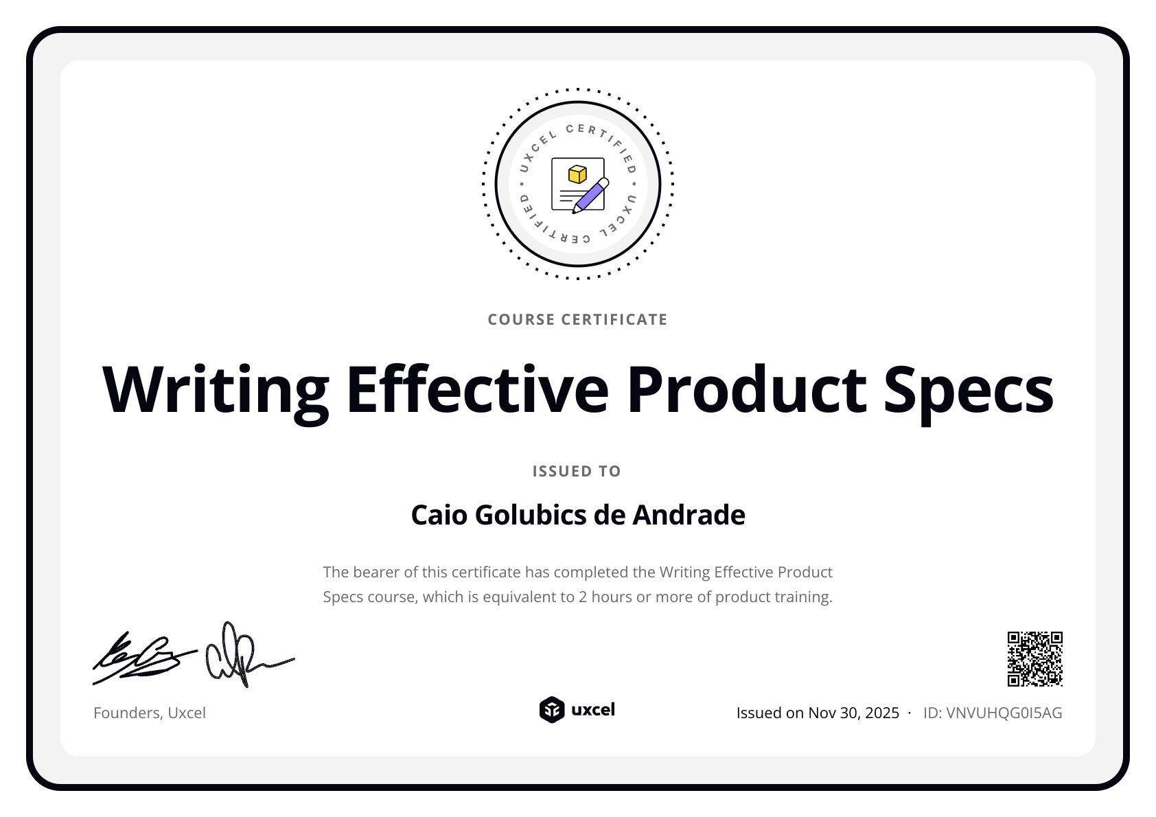 Caio Andrade's certificate